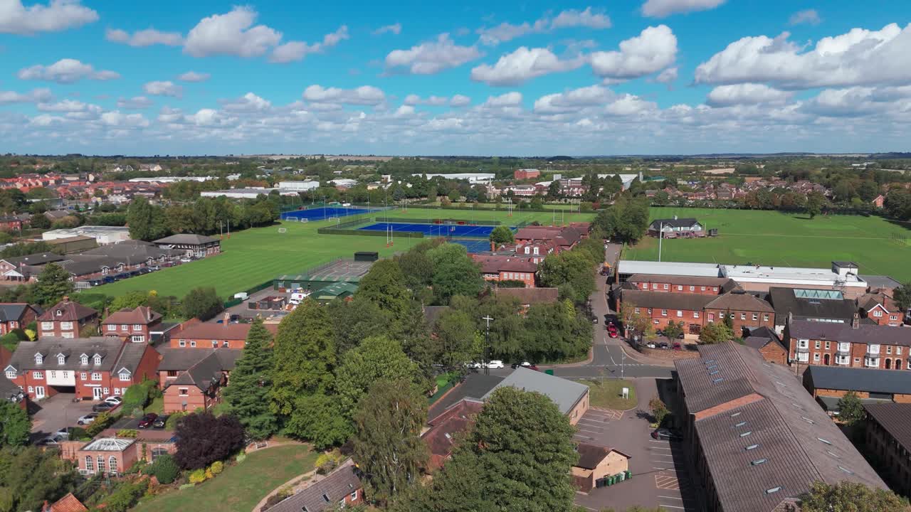 Aerial view of Oakham, Rutland, UK on a sunny day with green fields