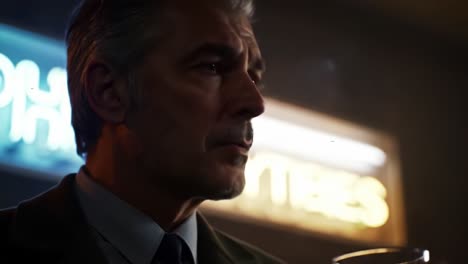 a captivating portrait of a man enjoying a drink in an atmospherically lit bar, with fleeting moments of introspection and reflections on life's choices