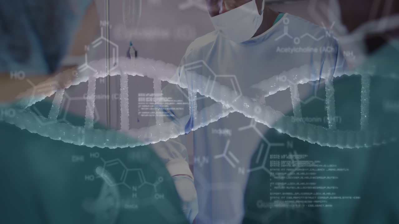 다양한 남성과 여성 외과 의사에 대한 dna 스트랜드 및 의료 데이터의 애니메이션