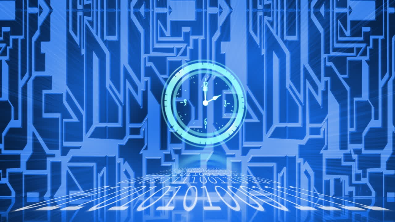 Animation of moving clock and data processing over blue shapes on black background