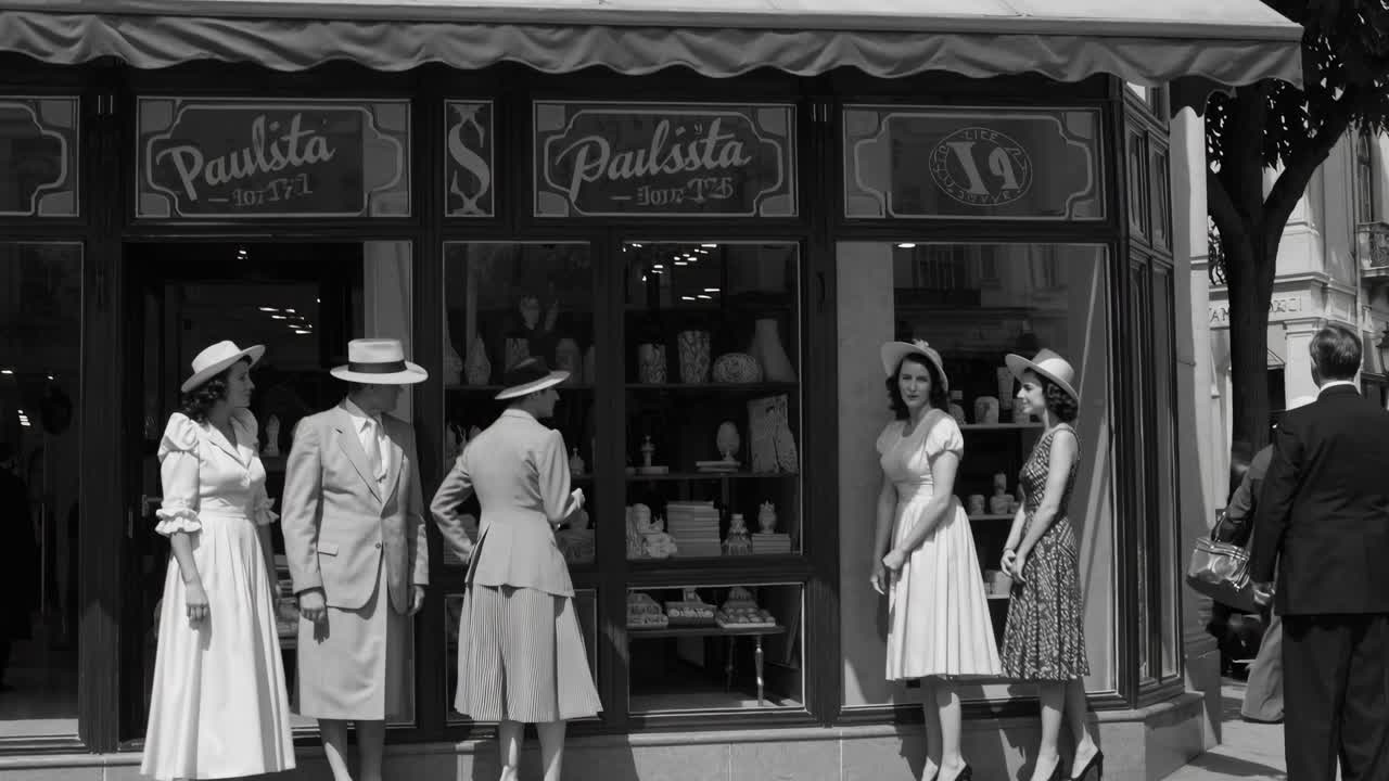 Black and white video scene of vintage fashion outside a storefront