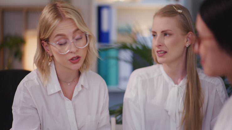 Three Women Discuss Business Topics During Meeting