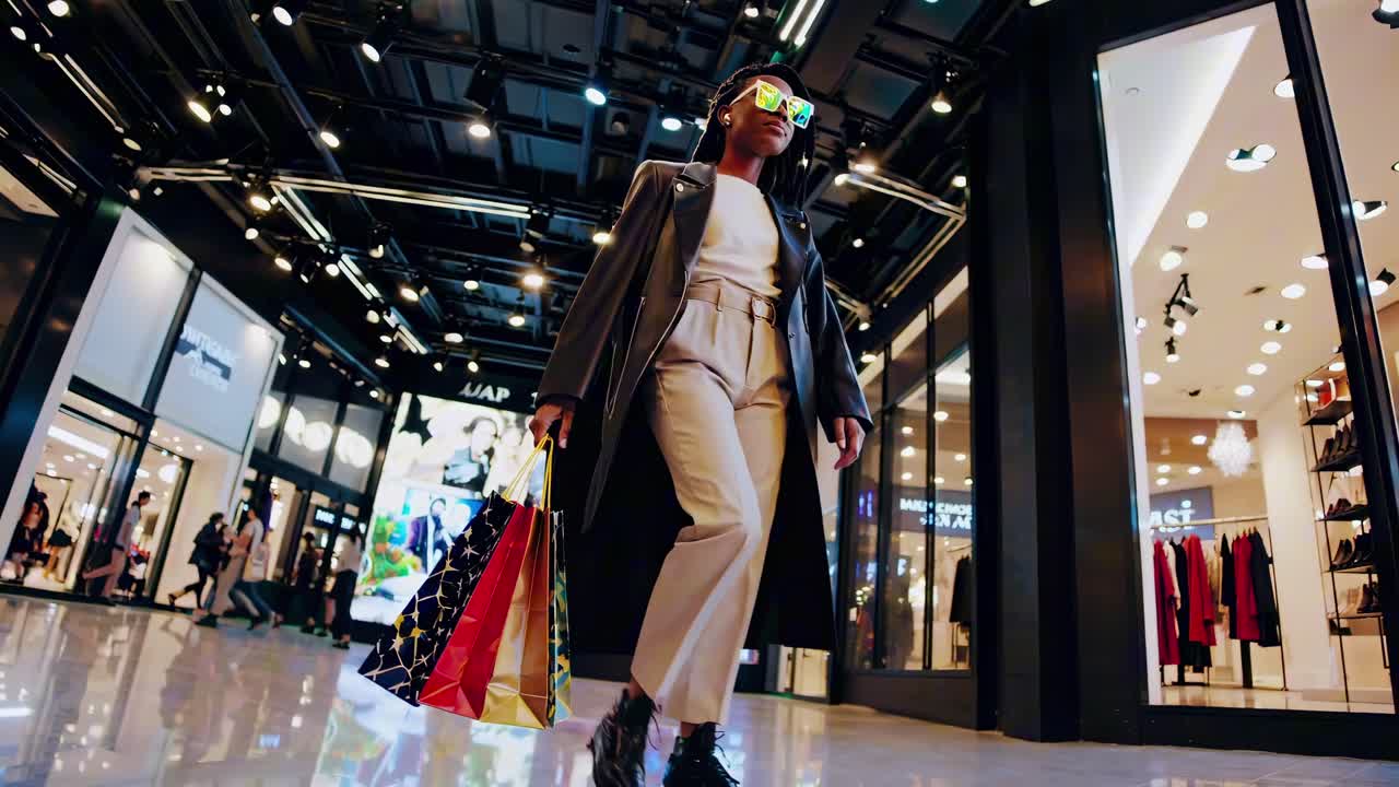 Low-angle shot of a stylish person walking in a mall, holding shopping bags