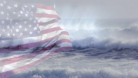 Digitale-Komposition-Der-Schwenkenden-US-Flagge-Gegen-Wellen-Im-Meer