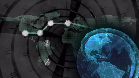 animación del globo y la red en el mapa del mundo con procesamiento de datos sobre espiral giratoria