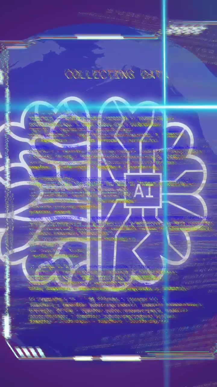 Vertical video: HUD on data pulse projecting globe, pulsing brain and scanning code for insight