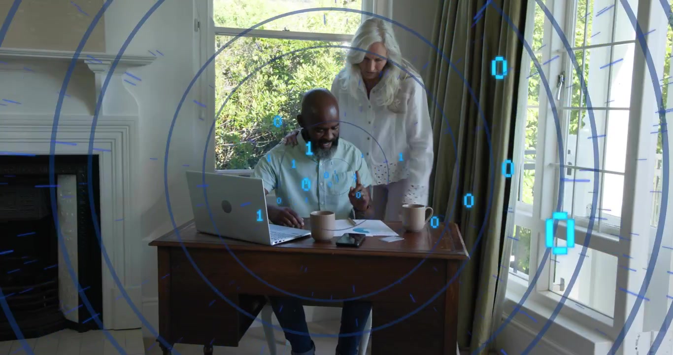 Senior woman entering home study and guiding man typing financial report to complete task on laptop