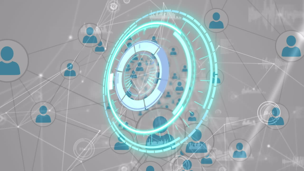 animación digital del escáner redondo de neón sobre una red de iconos de perfil contra un fondo gris