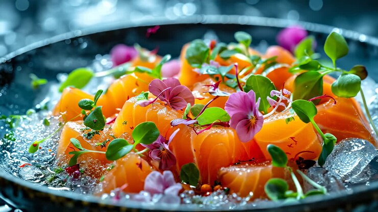 Saumon aux herbes et aux fleurs. Des assiettes de saumon frais sont garnies de fleurs et d’herbes comestibles, créant une présentation colorée pour un repas gastronomique.