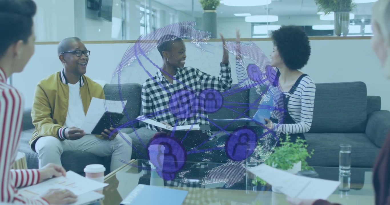 Diverse Business Team Collaborating in Modern Office with Digital Globe Overlay