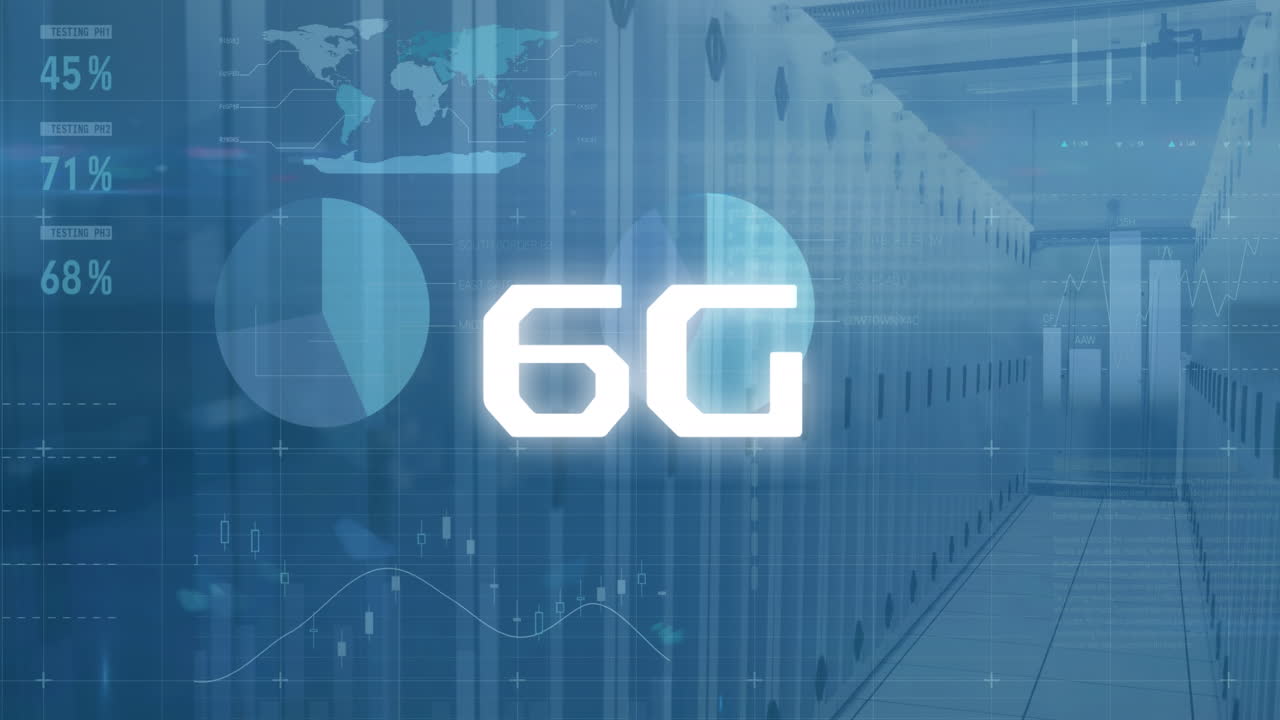 animazione di testo 6g e elaborazione di dati statistici contro una sala server di computer vuota.