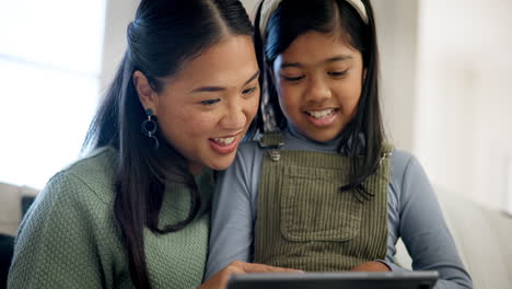 Asian-mother,-girl-and-tablet-for-learning