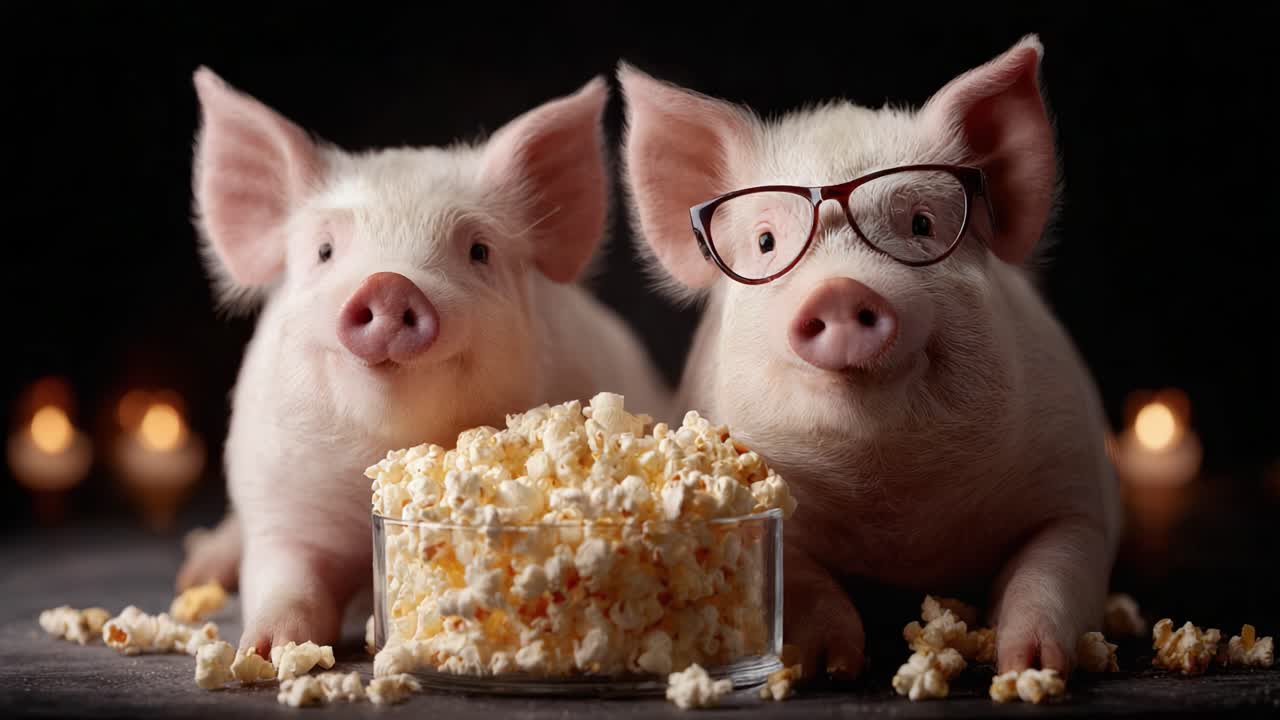 Two Adorable Pigs Enjoying a Bowl of Popcorn Together, One Wearing Glasses, Set Against a Cozy Background with Soft Lighting
