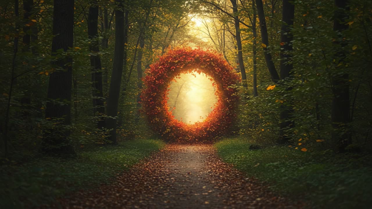 A Magical Portal Framed by Lush Autumn Foliage, Revealing a Pathway Through the Enchanted Forest, Bathed in a Dreamlike Golden Glow of Nature's Beauty