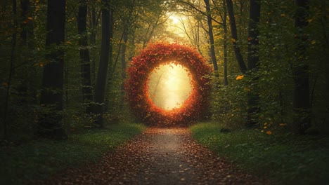 A Magical Portal Framed by Lush Autumn Foliage, Revealing a Pathway Through the Enchanted Forest, Bathed in a Dreamlike Golden Glow of Nature&#039;s Beauty