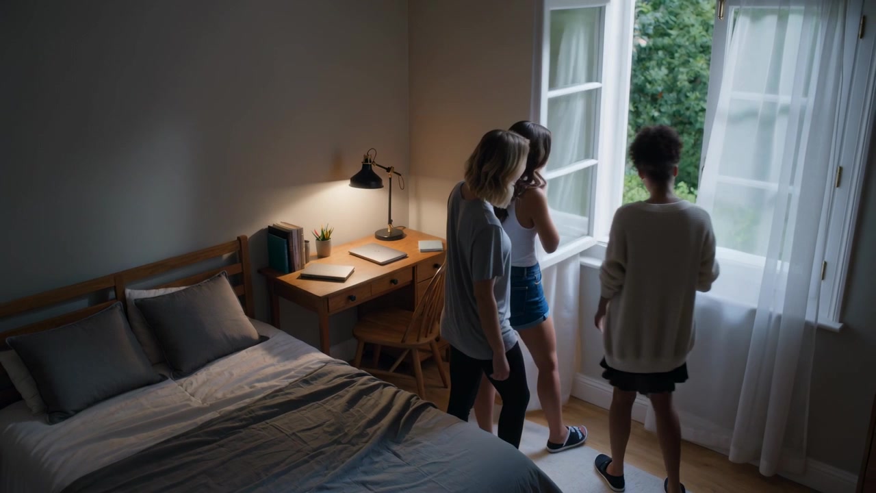 Reaching handle, three women in casual wear opening window in bedroom, peering outside, copy space