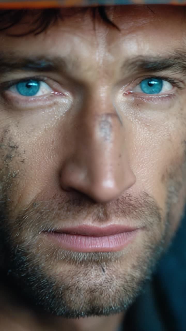 Close-up intenso de um indivíduo determinado com olhos azuis marcantes, apresentando pele castigada e uma expressão focada, capturando emoção e resiliência brutas