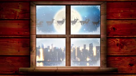 Animation-of-winter-scenery-with-santa-in-sleigh-with-reindeer