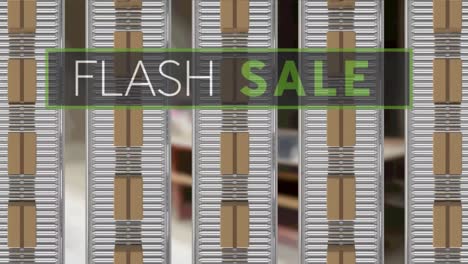 Animation-of-flash-sale-text-over-cardboard-boxes-on-conveyor-belts