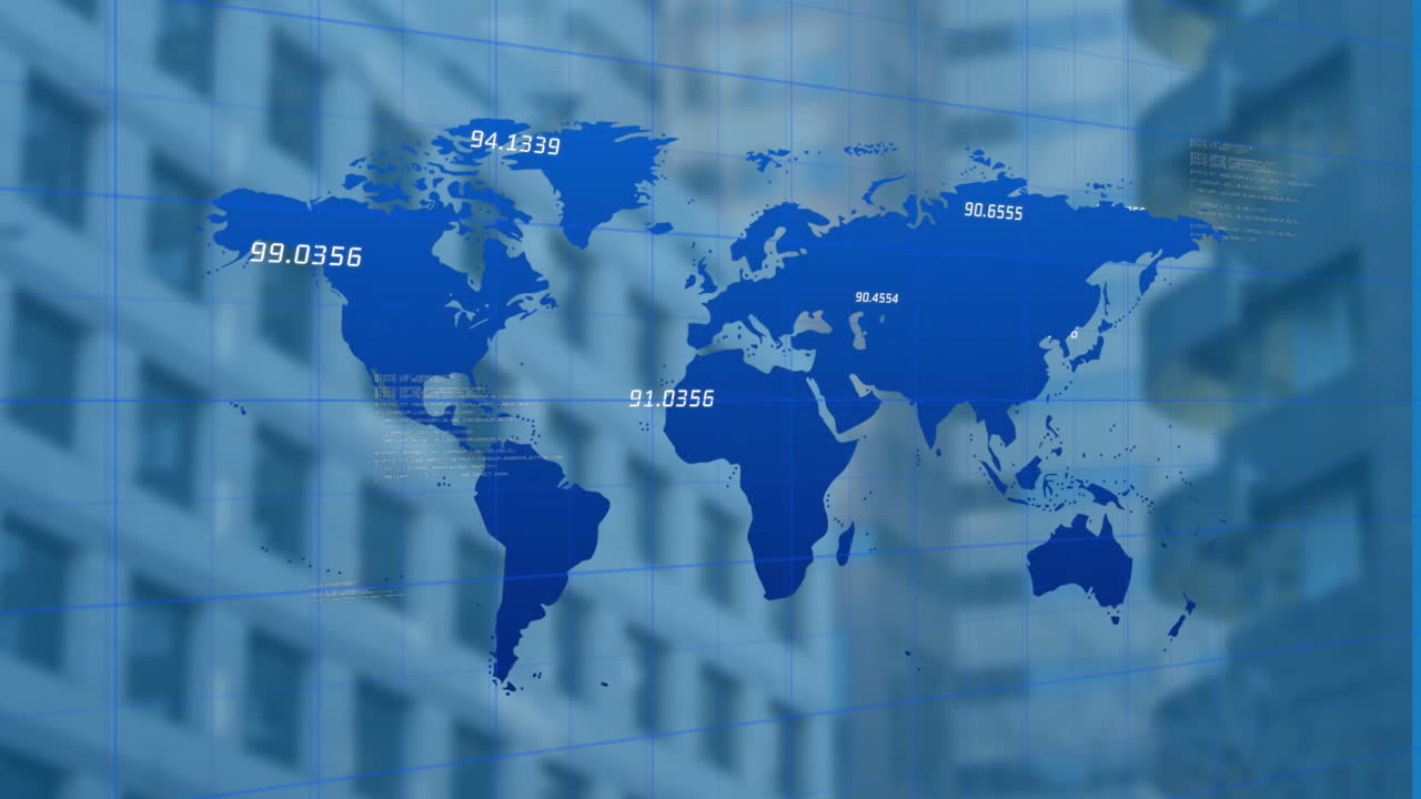 세계 지도와 건물에 대한 금융 데이터 처리의 애니메이션