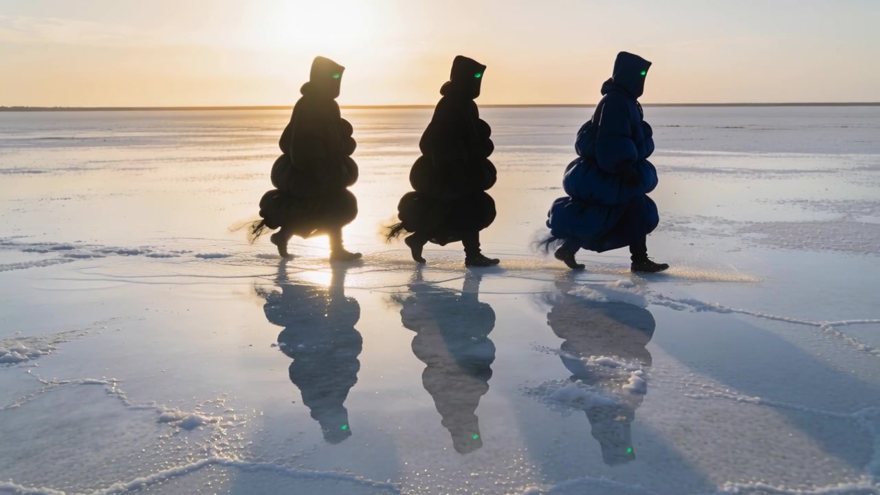 Walking three hooded figures crossing wet salt flat, sunrise signaling start, showing green visors