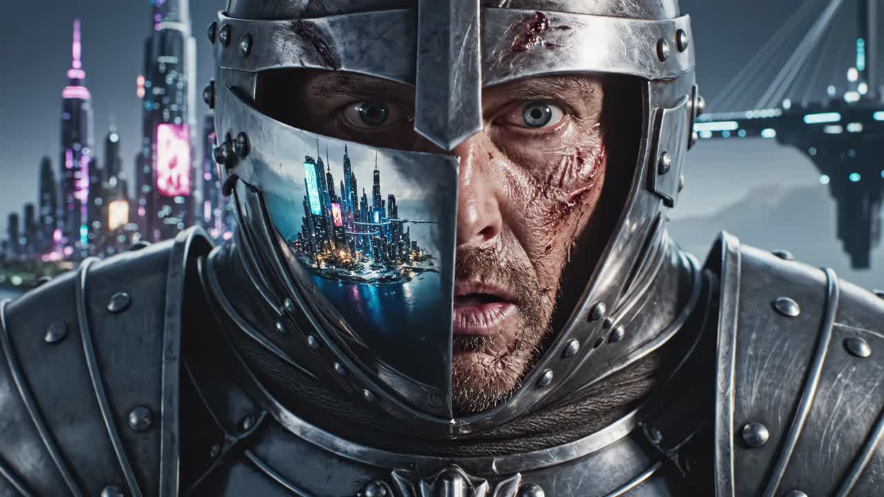 Futuristic Knight in Cityscape Reflection