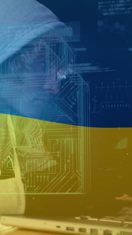 animation caucasian male hacker and data processing over flag of ukraine
