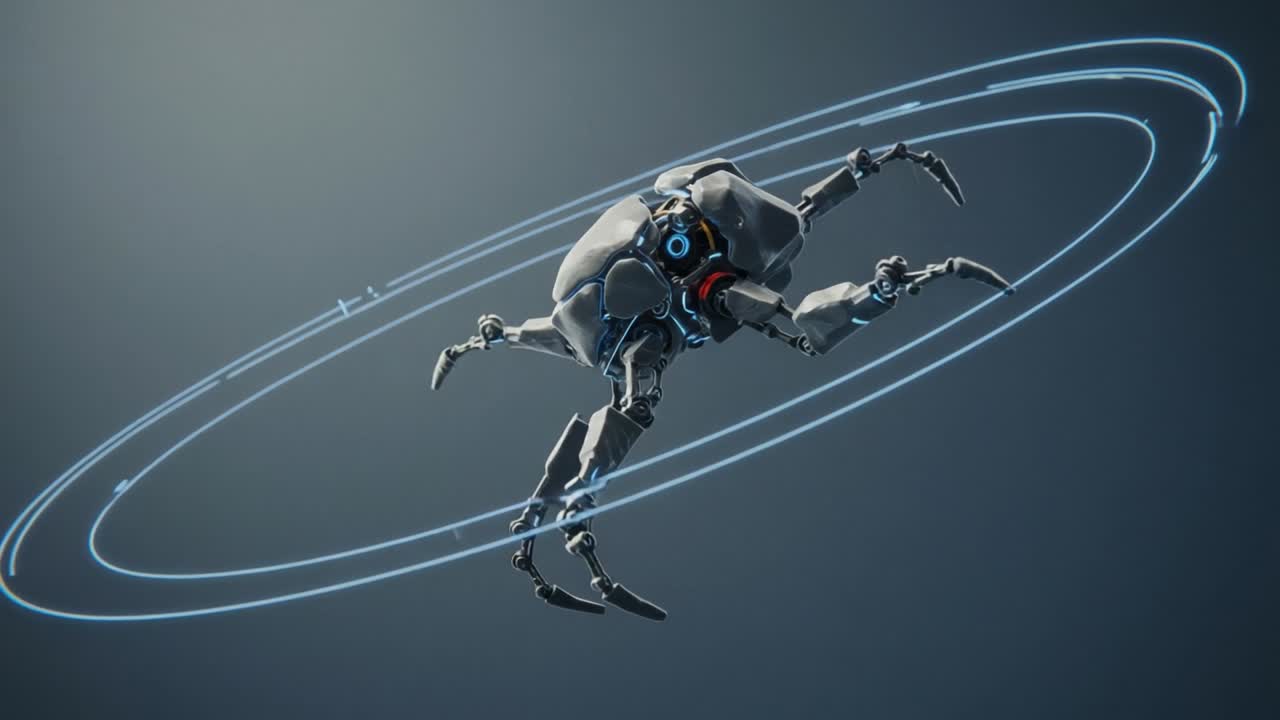 An Advanced Robotic Creature Rotating Gracefully Amidst a Futuristic Halo, Showcasing Intricate Design and Impressive Technology in Motion
