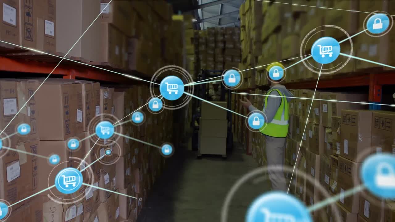 animación de la red de conexiones e iconos sobre el trabajador del almacén