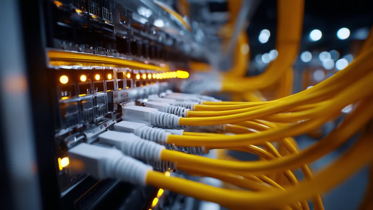 Close-Up View of Multiple Ethernet Connections in a Network Switch with Glowing Lights and Yellow Cables Showcasing Modern Data Transmission Technology