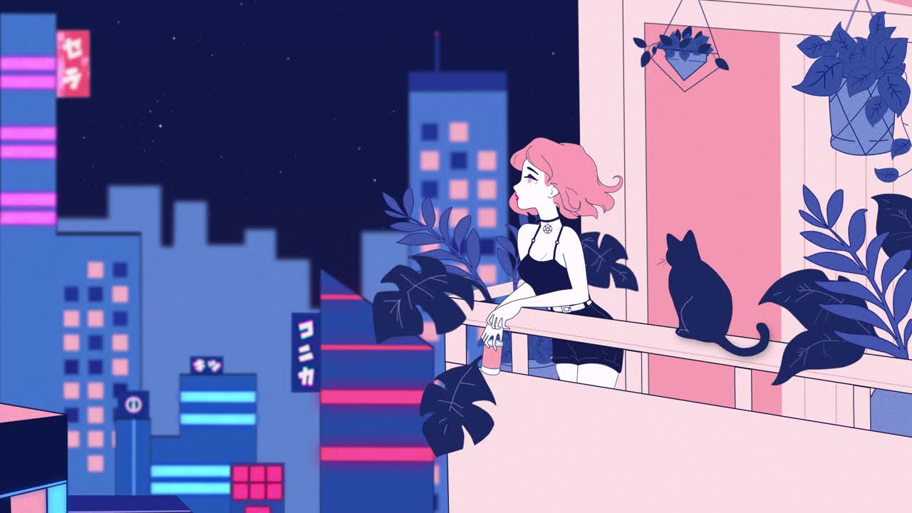 2d animation, girl with pink hair drinks a coffee on her terrace while watching Tokyo at night with her cat