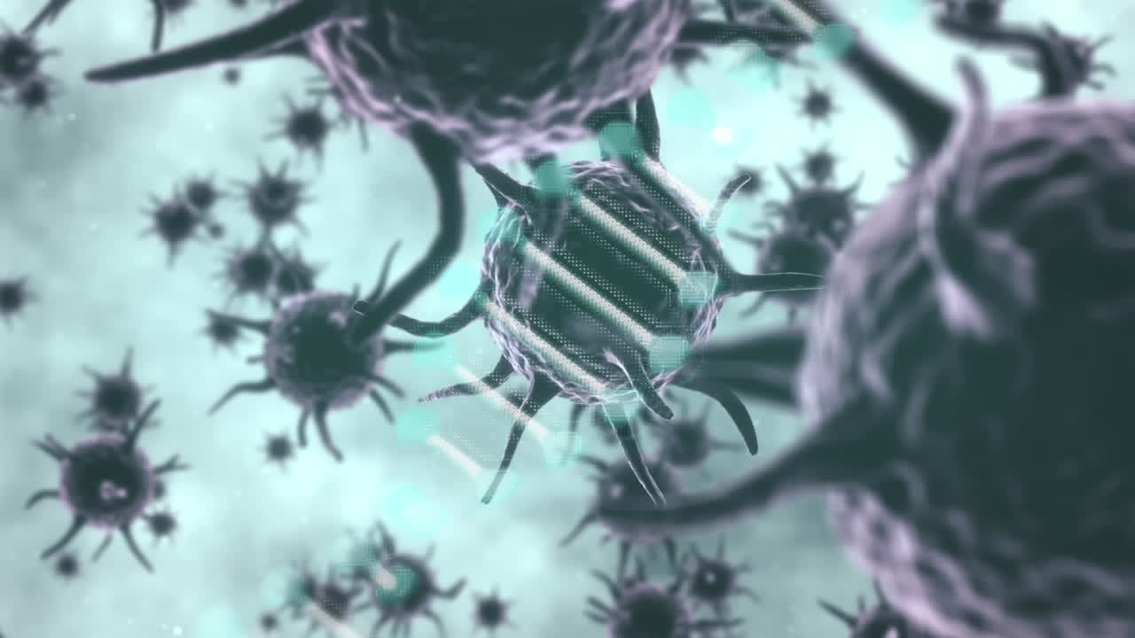 파란색 배경에 있는 여러 코로나19 세포 위에서 회전하는 dna 구조의 디지털 애니메이션