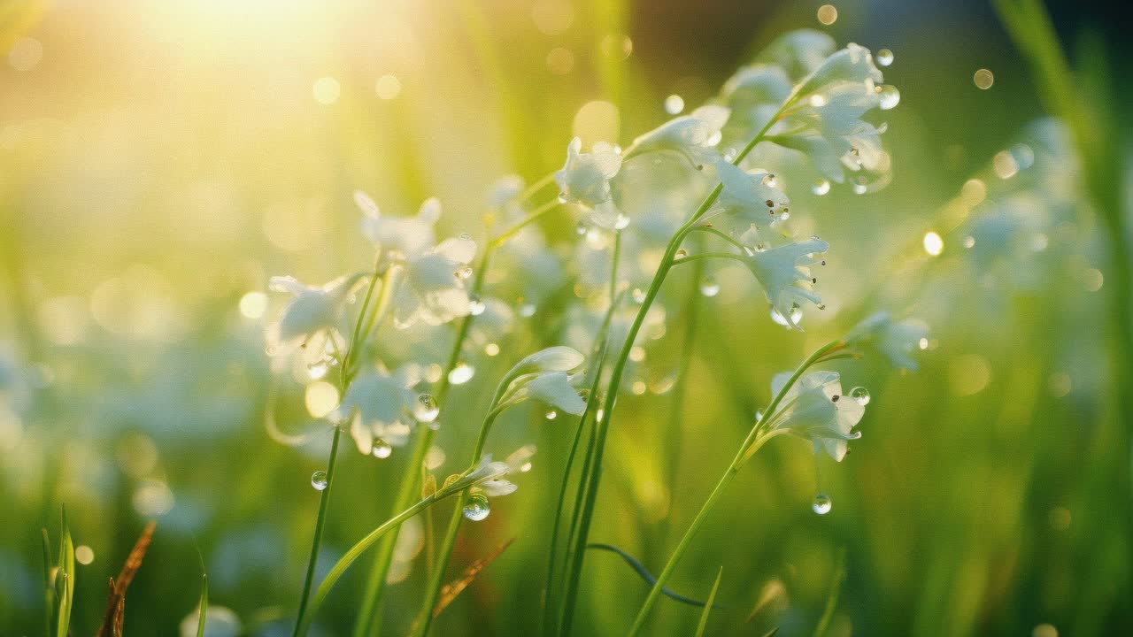 Close-up video shot of delicate white flowers with dewdrops, bathed in warm sunlight
