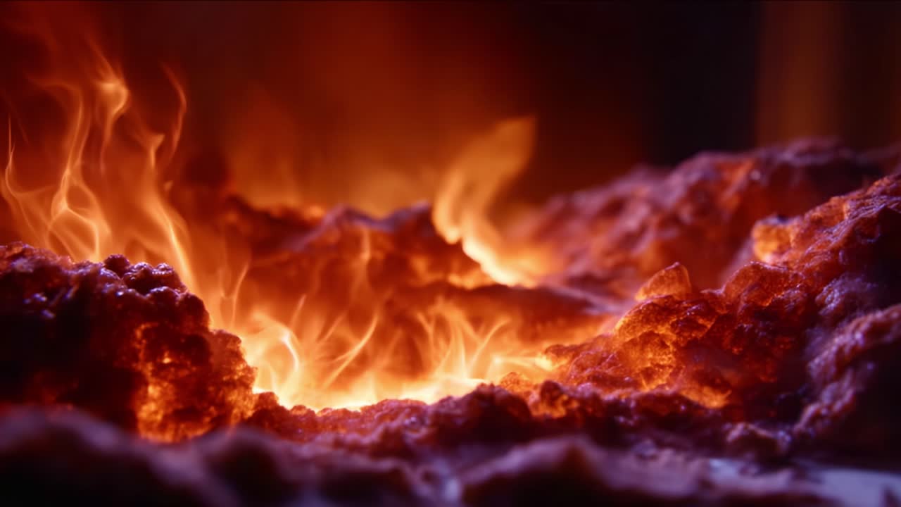Intenst lavaflow, der gløder med flammende gløder og smeltede sten, hvilket skaber en dramatisk fremvisning af varme og energi i et vulkansk landskab