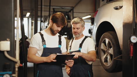 auto mechanics discussing a repair checklist