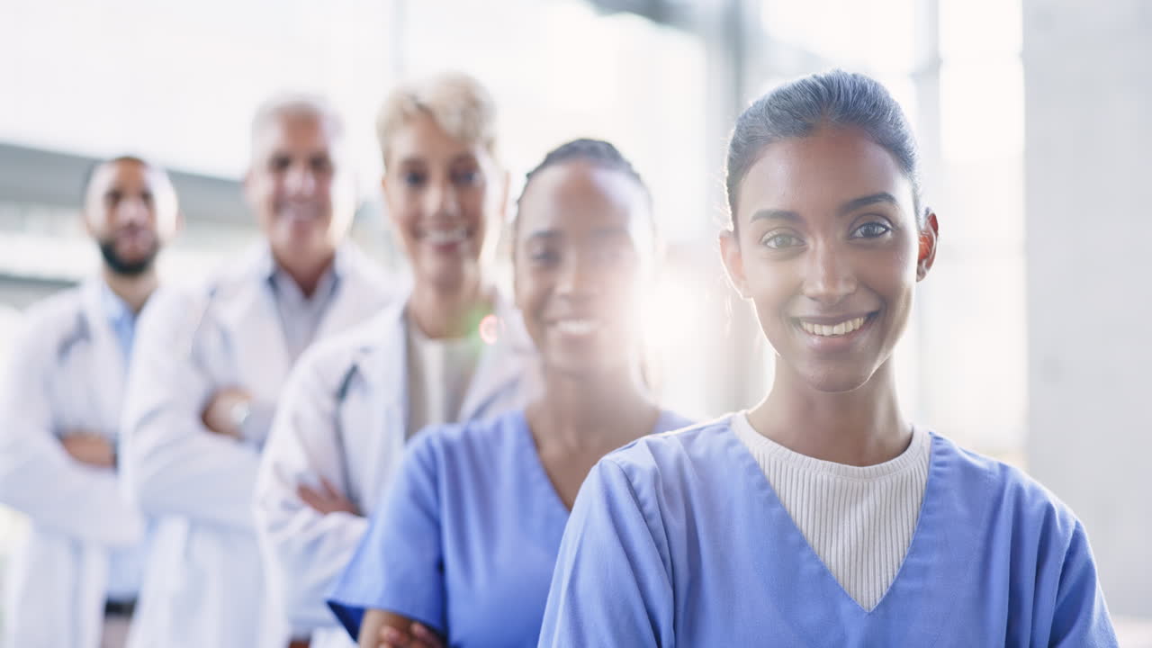 Face of doctors, team and smile for medical
