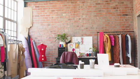 interior of bright fashion studio, slow motion