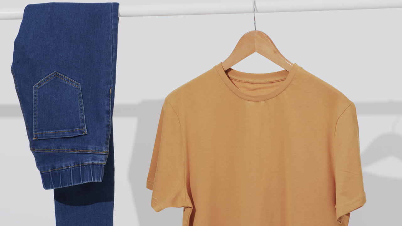 Video of denim trousers and yellow t shirt on hanger and copy space on white background