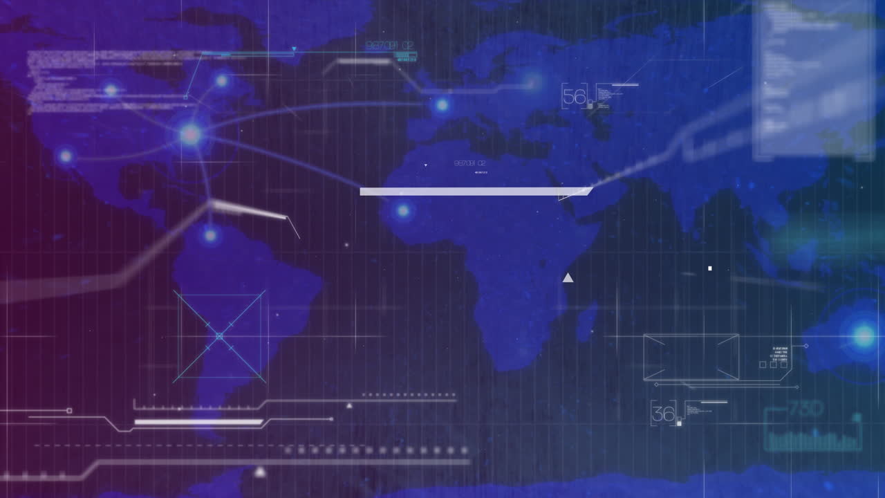 해양 배경에 연결된 조명, 데이터 처리 및 세계 지도의 애니메이션