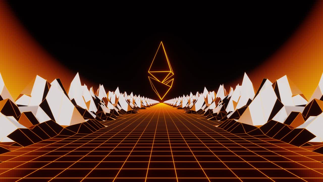 Gold Ethereum crypto coin rotated on the blockchain road background VJ loop