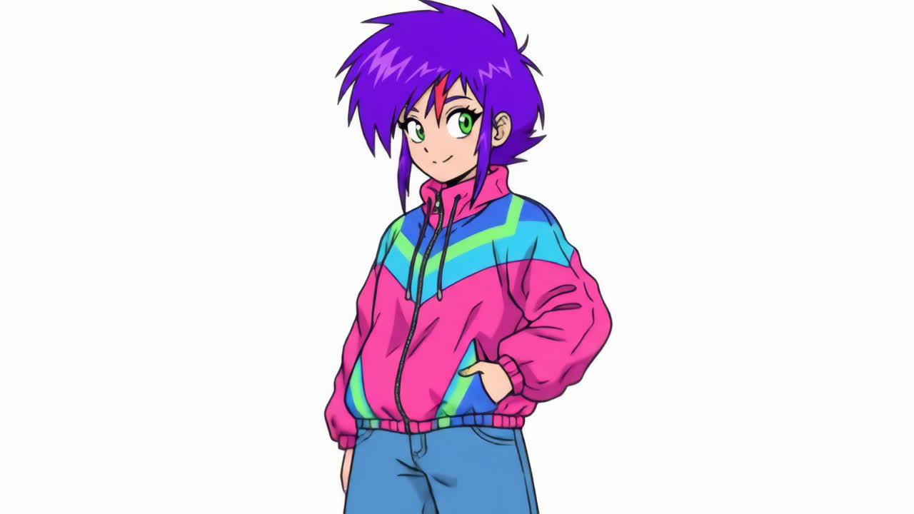 Anime girl in 90s jacket and jeans