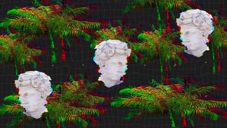 animación de antiguas esculturas de cabezas sobre palmeras