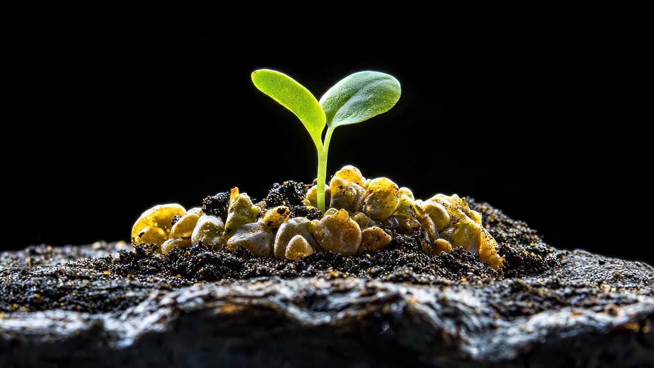 Close-up video of a small green plant sprouting from soil, shot from a low angle against a black