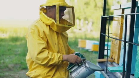 beekeeper working at an apiary