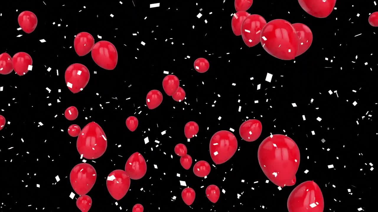 Animación de globos rojos flotando y confeti blanco cayendo sobre fondo negro.