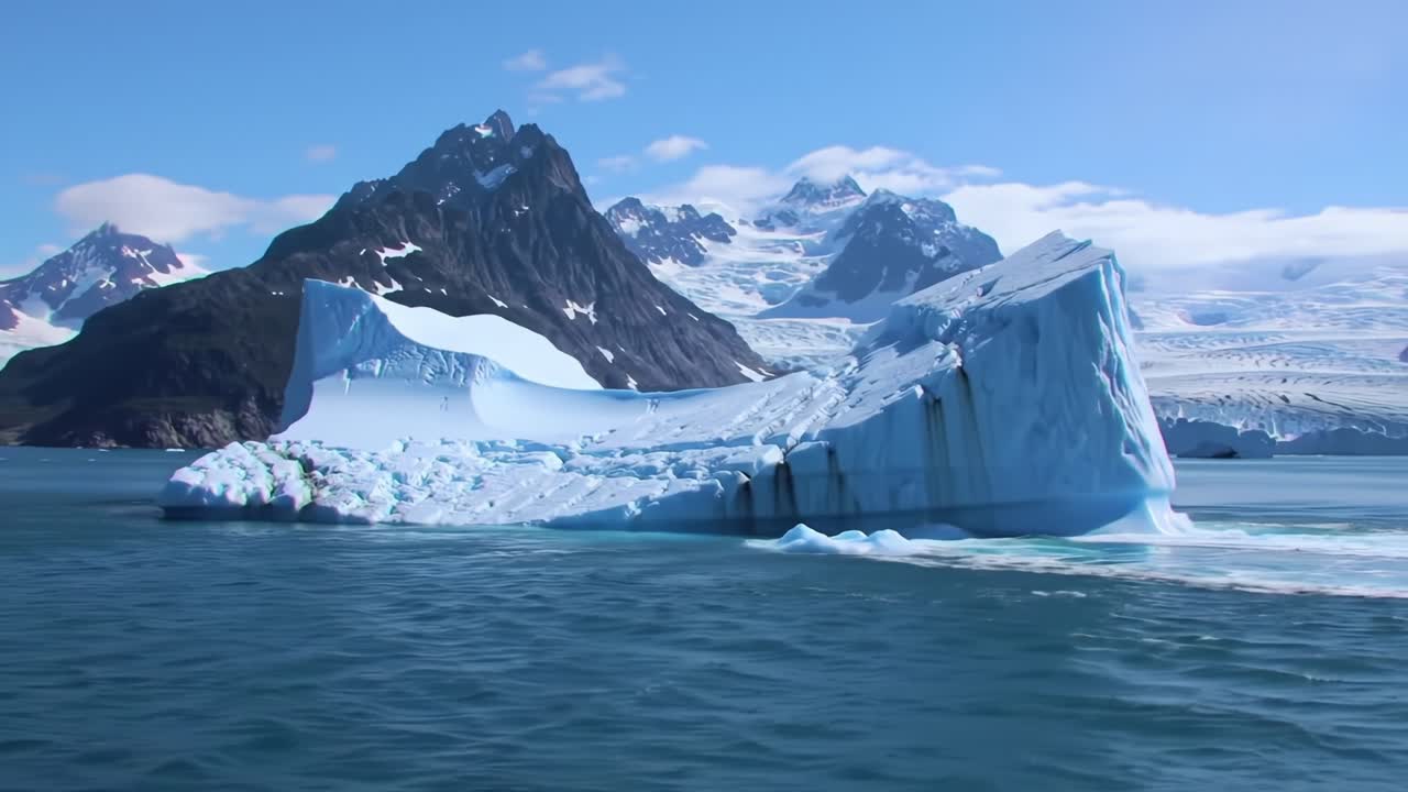 Majestic Iceberg Surrounded by Breathtaking Glacial Mountains, Displaying Stunning Shades of Blue and White in a Bright Sunlit Bay