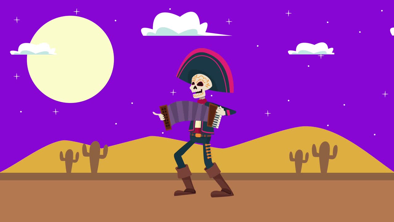 celebración del día de los muertos con cráneo de mariachi tocando acordeón en el desierto