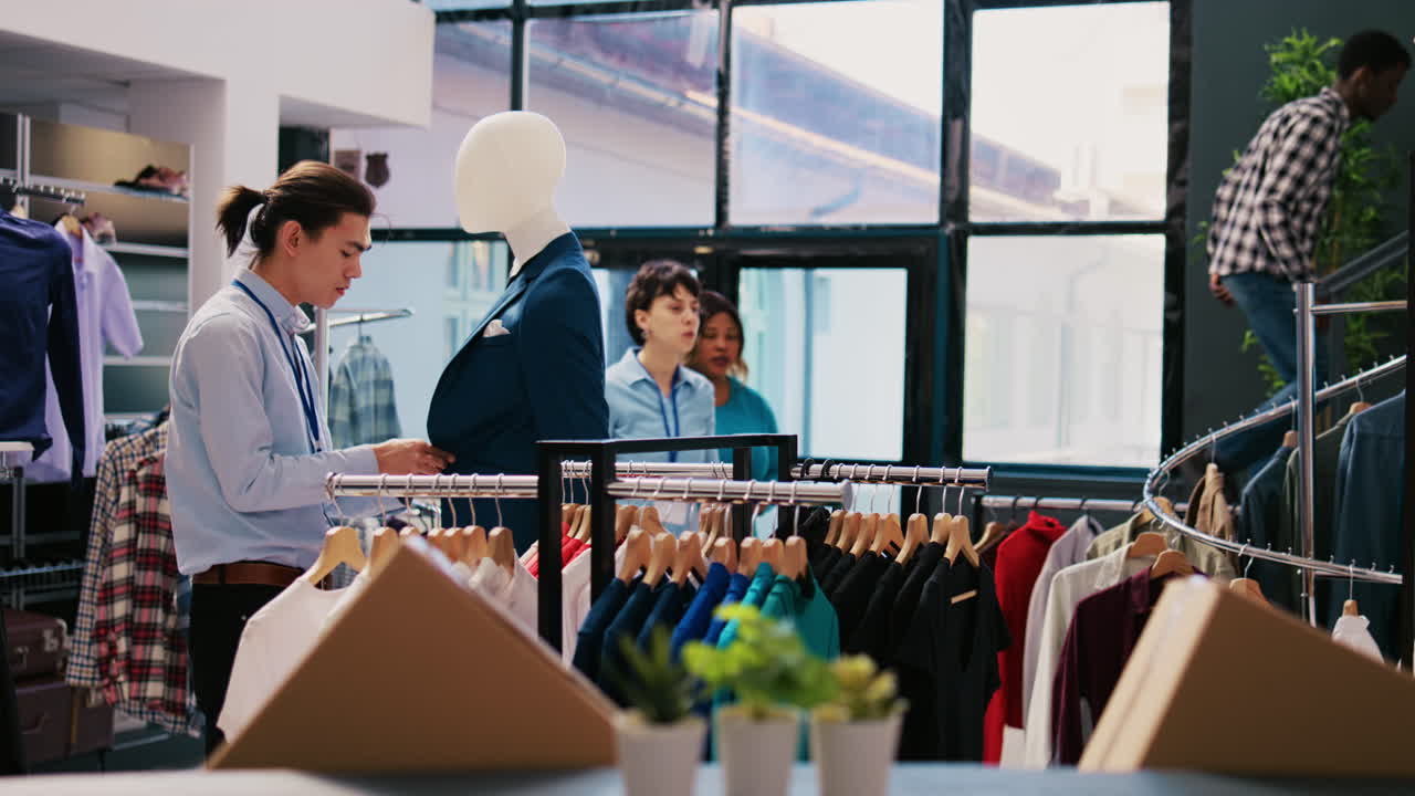 el gerente cierra los botones del traje azul.