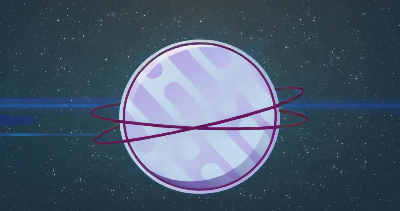All'avvio, anelli che ruotano attorno a un pianeta viola mentre un bagliore blu della lente emerge e si sposta, mostrando l'orbita spaziale.