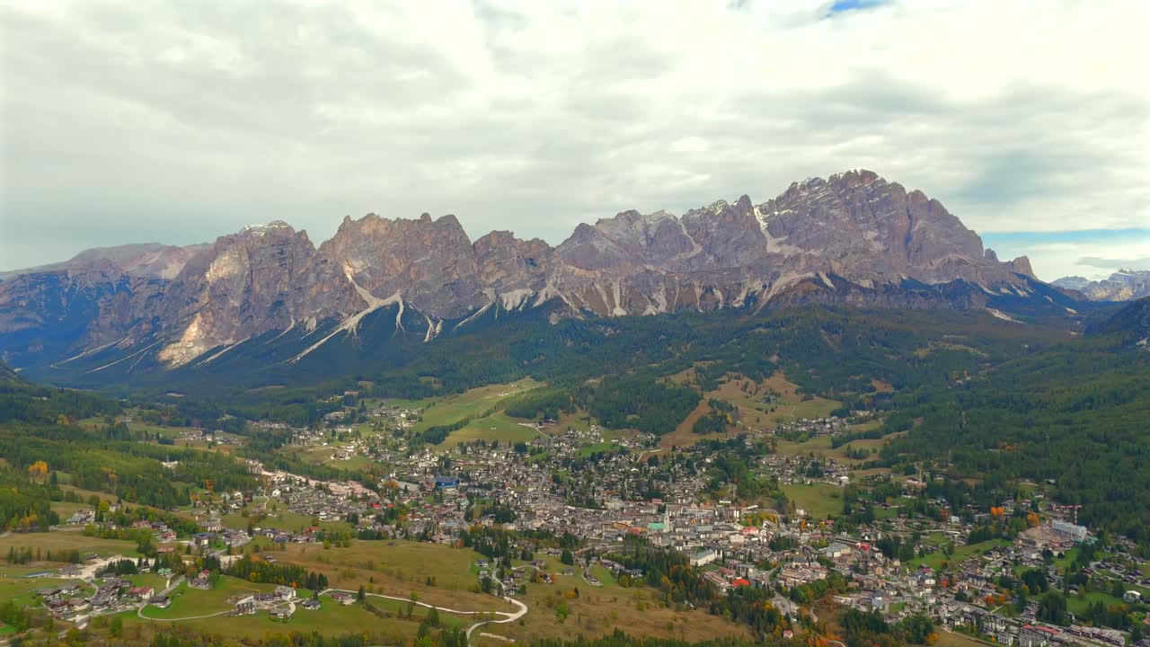 Cortina d’Ampezzo’s snowy landscape unfolds in a magical drone view.